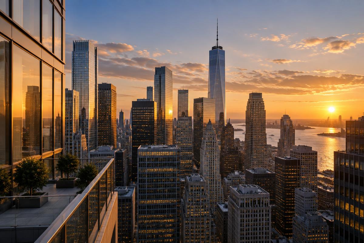 Edificios de una ciudad iluminados por el atardecer